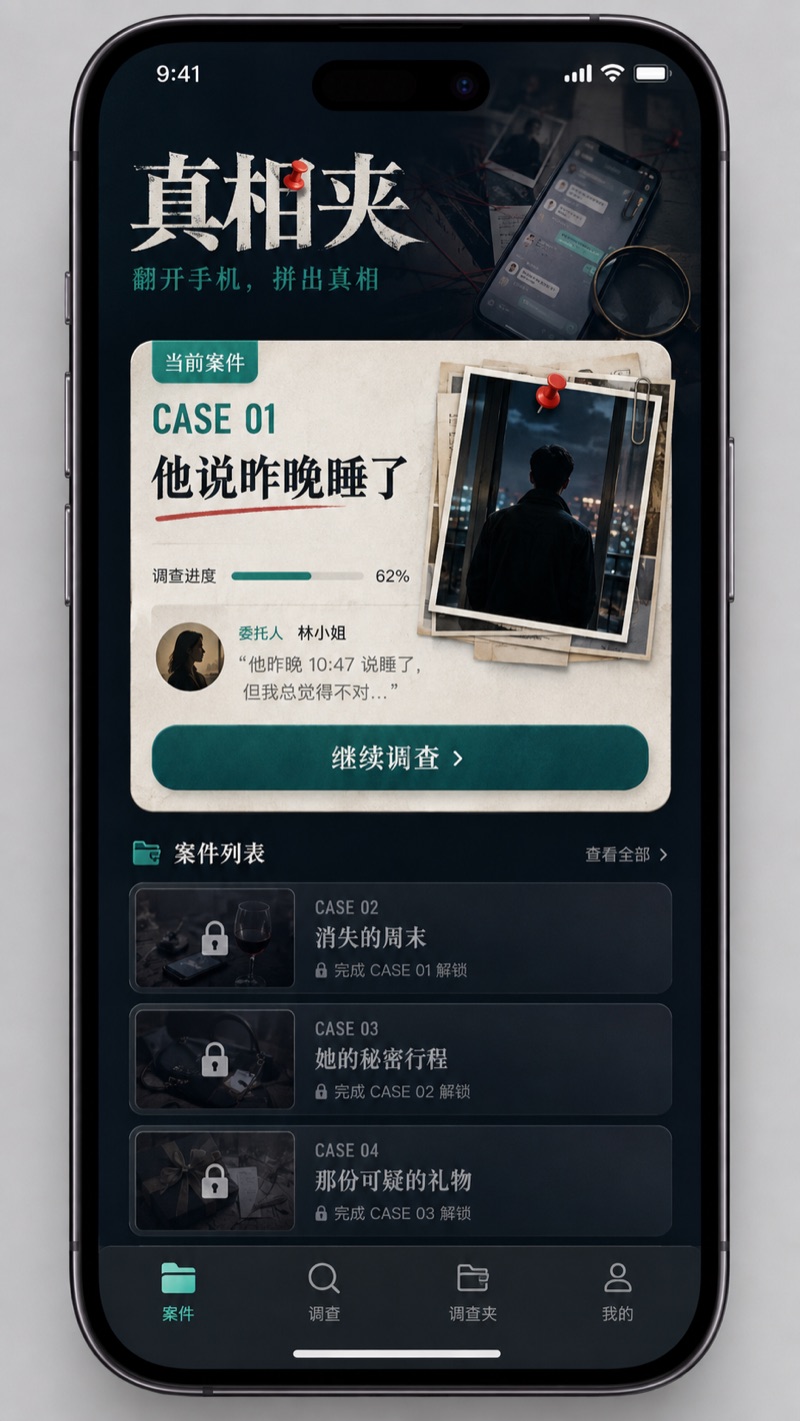 真相夹游戏首页，展示案件《他说昨晚睡了》和调查入口